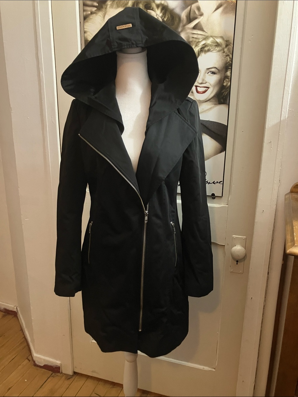 Soia & Kyo Black Hooded Trench Coat with Asymmetric Zip small